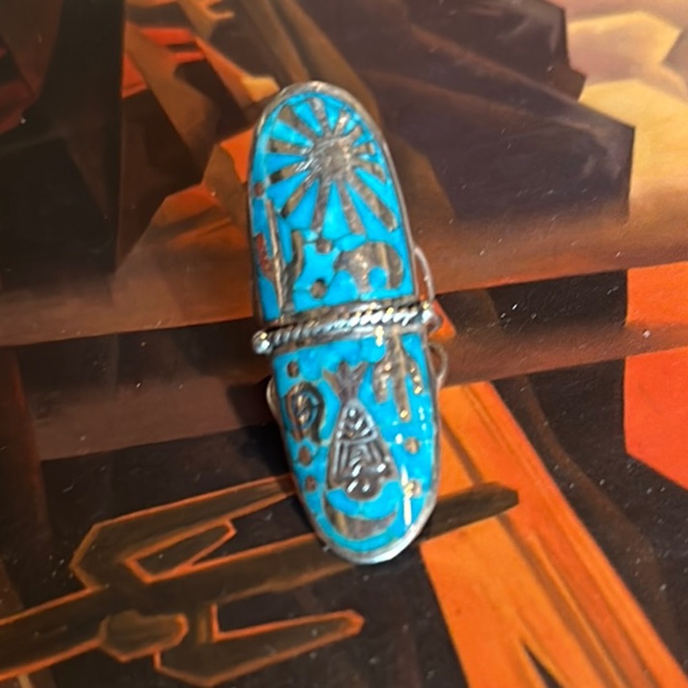 Turquoise and Sterling Elongated Oval Ring with Cactus